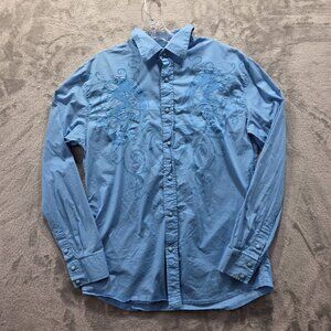 De Niko Shirt Mens Large Blue Button Up Dragon Embroidered Western Pearl Snap